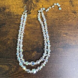 Aurora Borealis Crystal Choker Necklace Layered Beaded Iridescent AB Vintage